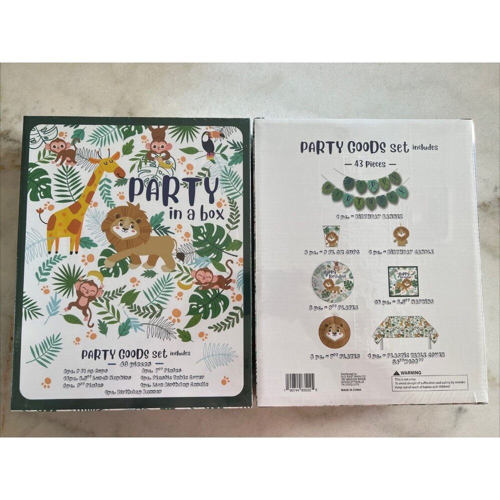 Set Of 2 Party In‎ A Box Jungle Safari Birthday 43 Pcs Each 86 Total Lion Monkey